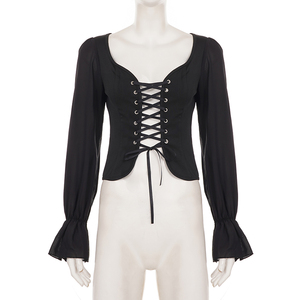 Top de manga abullonada con malla y ojales metálicos, estilo vintage, cintura fruncida, que realza la figura, con un toque atrevido y distintivo. - Product Image 6