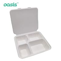 Boîte à lunch Oasis à 4 compartiments de 1200 ml en bagasse, biodégradable et résistante à l'eau et à l'huile, pour usage en restaurant, contenant alimentaire