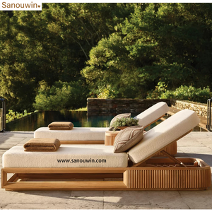 Chaise longue inclinable d'extérieur en teck moderne <span class=keywords><strong>de</strong></span> qualité supérieure, durable, avec dossier ouvert <span class=keywords><strong>de</strong></span> forme géométrique, garniture inclinée et confort supérieur - Product Image 2