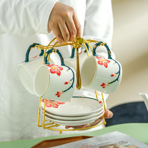 Elegante Juego de Taza y Platillo con Diseño de Flor de Cerezo Chino, Cerámica Europea para Té de la Tarde, Juego de Café Esmaltado Pintado a Mano - Product Image 3