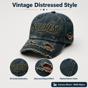 Casquette de baseball en denim délavé vintage avec logo brodé personnalisé et détails déchirés pour un style rétro urbain - Product Image 2