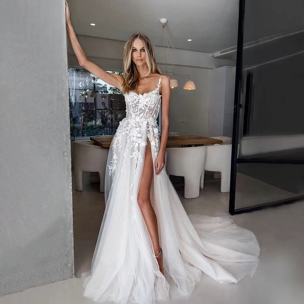 vestido de boda abierta pierna sexy tradicional y contemporánea