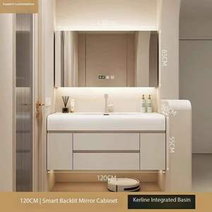 Armadietto da bagno moderno in stile crema da 120cm con specchio a LED multifunzionale e Design a bacinella integrato in Corian - Product Image 5