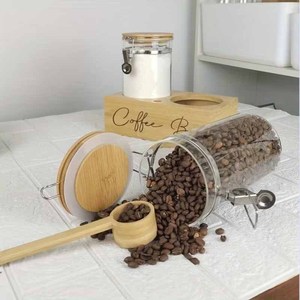 2Pcs Buckle Sealed Glass <b>Storage</b> Jars with <b>Wooden</b> <b>Rack</b> & <b>Wooden</b> Spoon, Countertop Coffee Tea Container Display Organizer Set - Product Image 2