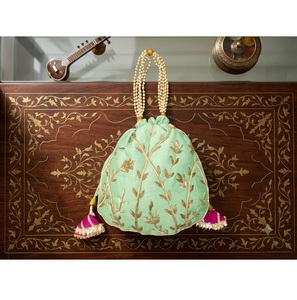 Handmade Indian Mint <b>Green</b> Zardozi Embroidered Silk Saddle Bridal Potli <b>Bag</b> Drawstring Closure for Party Wear Multiple Events - Product Image 1
