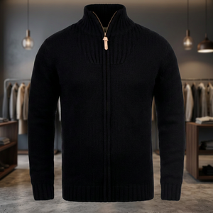 Cardigan en laine pour homme à col roulé zippé, couleur unie, tricot côtelé épais, vêtement d'extérieur d'hiver anti-boulochage, manches classiques - Product Image 3