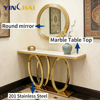 Table console moderne en marbre doré avec miroir, multifonctionnelle, pour salle à manger, entrée, salon, meubles avec structure en acier inoxydable