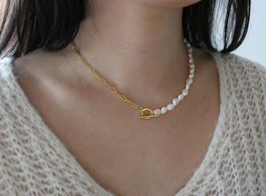 Gargantilla de perlas de agua dulce con broche de palanca, collar de cadena de acero inoxidable chapado en oro de 18k, joyería - Product Image 2