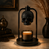 Lampe de bureau en bois massif en forme de crâne d'Halloween, avec minuterie, intensité réglable, hauteur ajustable, abat-jour noir, style médiéval, chauffe-bougie, cadeau chaleureux