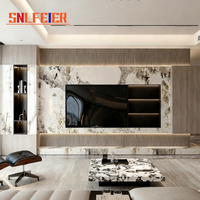 Meuble TV mural de luxe moderne pour salon, avec fond en carreaux de céramique marbrés, meuble TV mural, support en bois, mobilier de maison