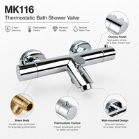 Mitigeur de douche et bain mural thermostatique en laiton à double poignée, finition chrome poli, avec robinet de dérivation d'eau, design contemporain pour salle de bain