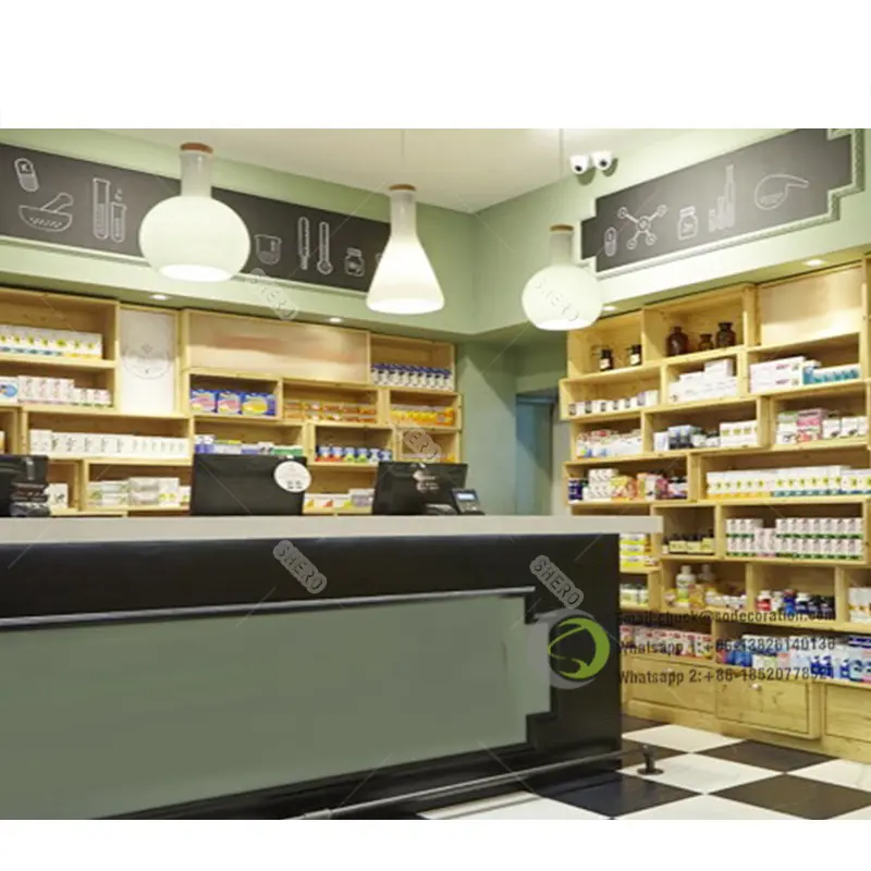 シンプルなデザインの薬局ディスプレイラック現代の薬局家具薬局ショップフィッティング