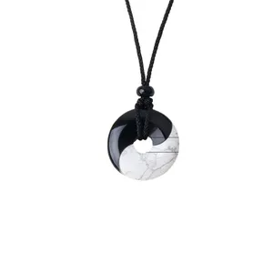 Collier Pendentif en Pierre Naturelle Obsidienne et Howlite <span class=keywords><strong>Yin</strong></span> <span class=keywords><strong>Yang</strong></span> Tai Chi avec Boucle de Sécurité pour la Chance Spirituelle et la Mode - Product Image 4