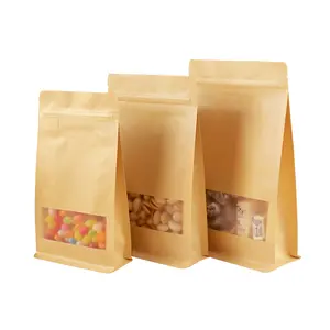 100pcs 6*10inch high barrier flat bottom brown kraft paper ziplock coffee bag with matte window for food storage