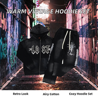 Ensemble 2 pièces streetwear oversize pour homme, en coton tricoté 100%, respirant et chaud pour l'automne, avec sweat à capuche et pantalon, style vintage délavé à l'acide