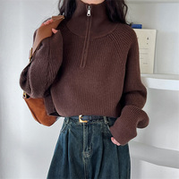 Pull à demi-fermeture éclair pour femme Style coréen Coupe ample et conception courte taille haute Automne et hiver Base tissée Haut tricoté