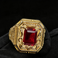 Bijoux fins, bague en argent S925 plaquée or 14 carats, rubis, style vintage, rectangle sculpté, pierre précieuse rouge, bague large en rubis pour homme