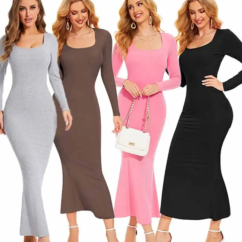 2023 Herbst Frauen Pullover Kleidung Großhandel Elegante Party Maxi Bodycon Gerippte Strick Lounge Wear Skims Dupe Langarm Kleid