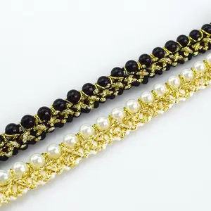 Deepeel C6-2 1.5cm Beaded Pearl Lace DIY Sewing Accessories Sequins Lace Fabric Webbing Sling Belt