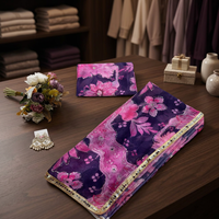 Sari traditionnel Tebby en pur Khaddi Georgette, imprimé numérique, broderie, bordure à motifs miroir, séchage rapide, protection solaire