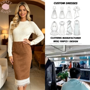 Jupe Midi Moulante Style Maillard Vintage Personnalisée avec Découpes et Franges en Dentelle – Polyvalente pour Femme, Collection Automne-Hiver - Product Image 1