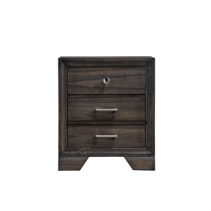 Comodino Contemporaneo con Finitura in Legno Scuro, Due Cassetti e Maniglie in Metallo, Unità di Stoccaggio in Legno Grigio - Product Image 1