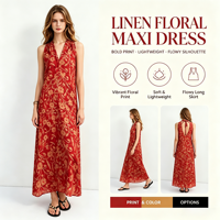 OEM ODM Personnalisé – Nouvelle Collection Femme : Robe Bohème Vintage à Col Asymétrique, Imprimé Floral, Sans Manches, en Lin Naturel Brodé – Idéale pour les Vacances