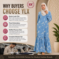 Robe longue personnalisée pour femmes musulmanes, bleu, broderie florale, manches à volants, robe hijab, OEM ODM