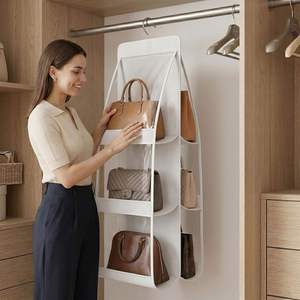 Handbag Hanging Organizer Foldable 6-<b>Pocket</b> Clear Windows Side Slots <b>Plastic</b> Home Closet Storage Shelves White - Product Image 6