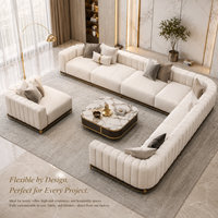 Luxuriöses U-förmiges, getuftetes modulares Ecksofa-Set mit Sessel, Samtstoff und goldenen Beinen für Apartments, Villen und Hotels