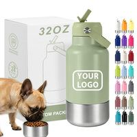 Bouteille d'eau pour animaux de compagnie en acier inoxydable à double paroi de 32 oz avec logo personnalisé, bol amovible pour nourriture et eau, et couvercle à paille rabattable