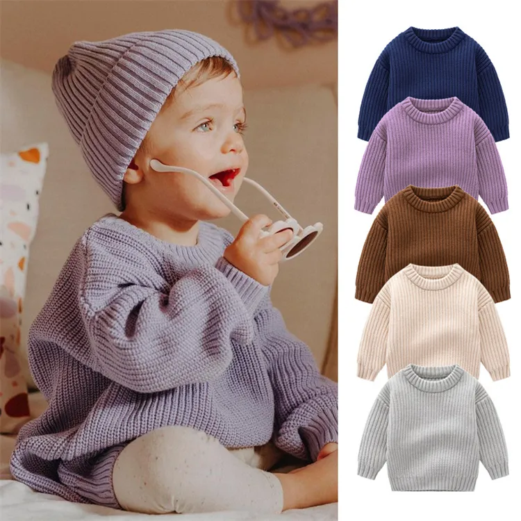 Customized kids autumn winter knit sweater candy color toddler baby boys girls chunky pullover sweaters for children kids