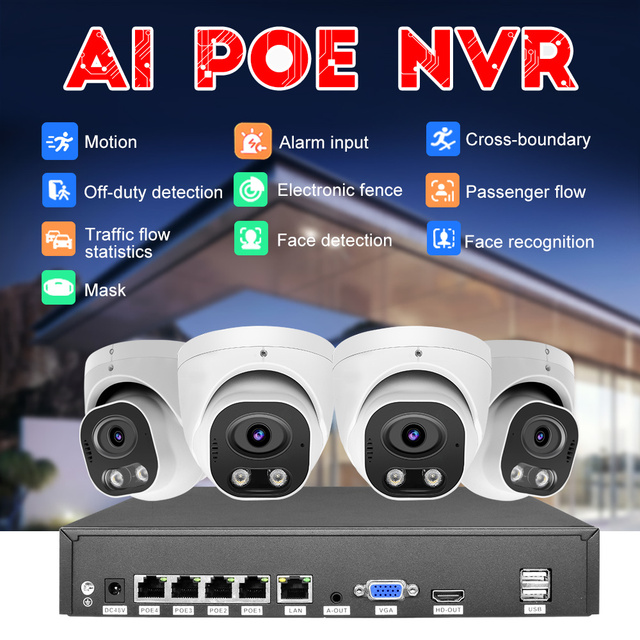 4K 4 Channel Face Recognition PoE NVR Kit with AI Function 5MPSecurity Camera System 8MP Plug and Play Network Video Recorder