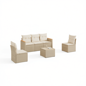 ชุดโซฟาหวายสีเบจสำหรับสวน พร้อมเบาะโฟมความหนาแน่นสูง เฟอร์นิเจอร์กลางแจ้ง ดีไซน์ร่วมสมัย กันน้ำ ทนรังสียูวี - Product Image 1