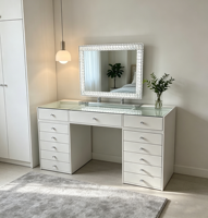 Coiffeuse blanche moderne avec miroir en cristal et 13 tiroirs, ensemble de table de maquillage pour chambre à coucher