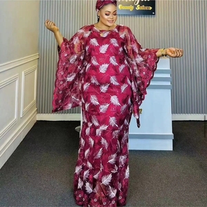 L7632 Vêtements pour femmes africaines Dashiki Abaya Robes longues de soirée élégantes et amples + Jupe intérieure et écharpe 3 tailles libres - Product Image 1