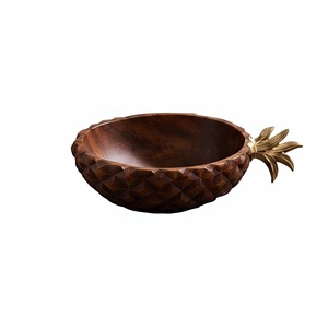 Walnut Finished <b>Mango</b> <b>Wood</b> Serving <b>Bowl</b> Pineapple Shaped Salad <b>Bowl</b> with Polished Metallic Crown Handle - Product Image 1