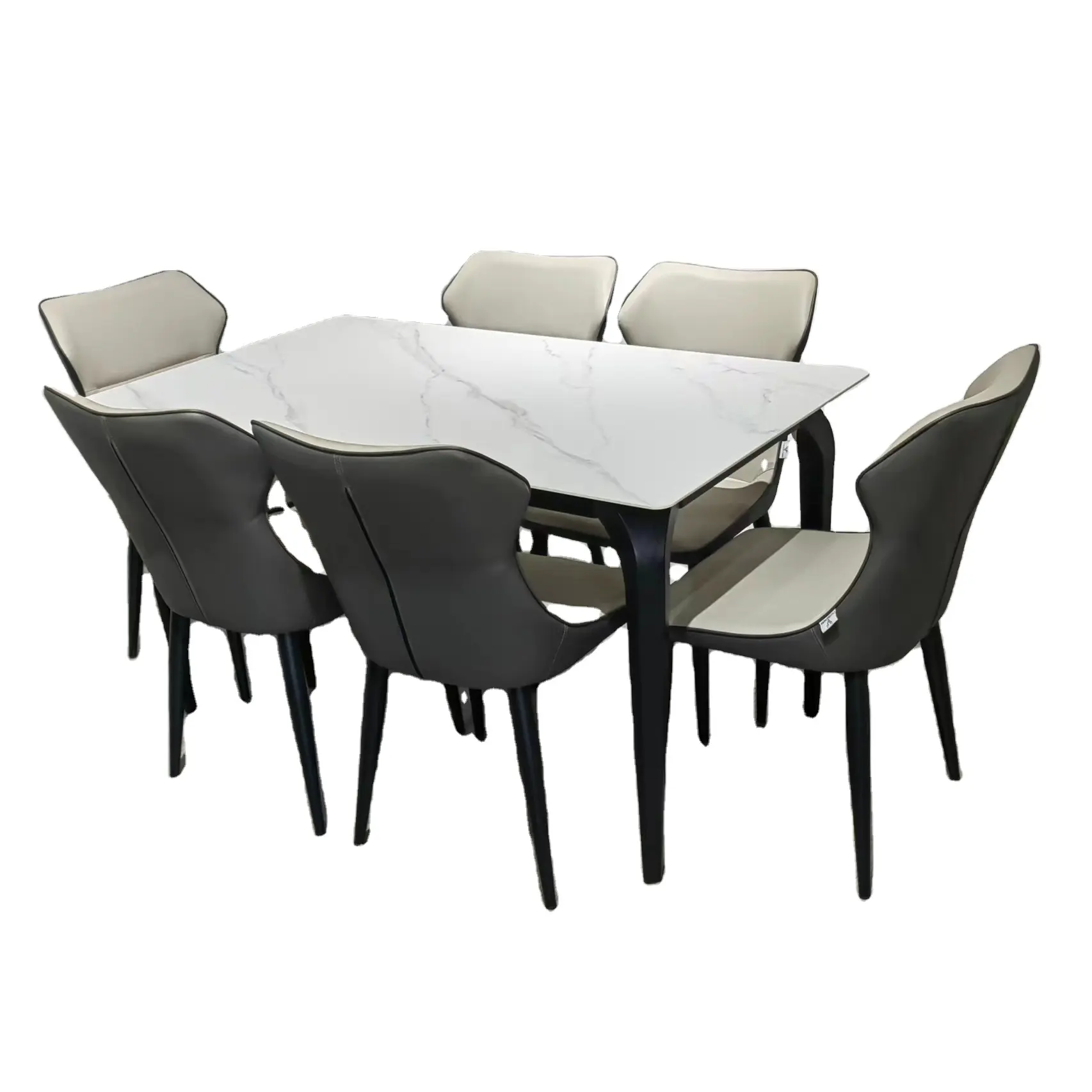 New Modern Dining Table Chair Set Rock Stone Table 1.4m Carbon Steel Leg PU Chair Furniture for Dining Room