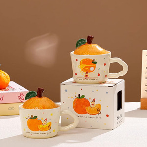 Caneca de Cerâmica com Tampa como Lembrança, Caneca Fofa Laranja para Meninas, Caneca de Cerâmica com Tampa para Beber Água em Casa ou no Escritório - Product Image 2
