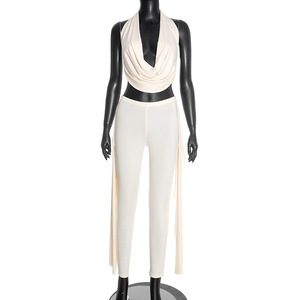 Viviblook J25ST467 Nouvel ensemble pour femmes, couleur unie, dos nu, sans manches, débardeur court, pantalon à ruban, ensemble deux pièces - Product Image 2