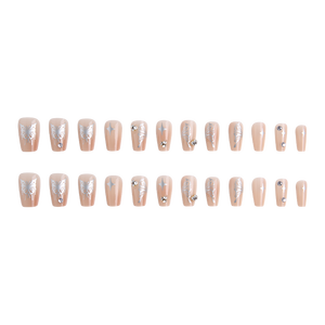 24 <span class=keywords><strong>faux</strong></span> <span class=keywords><strong>ongles</strong></span> papillon argentés brillants, forme cercueil moyenne, en ABS réutilisable, application avec colle, style élégant et doux - Product Image 3