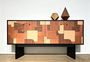Premium Mixed Wood Patchwork <b>Sideboard</b> 4-Door Abstract Art Design Large <b>Storage</b> Modern Credenza For Living Room Dining Room - Product Image 5