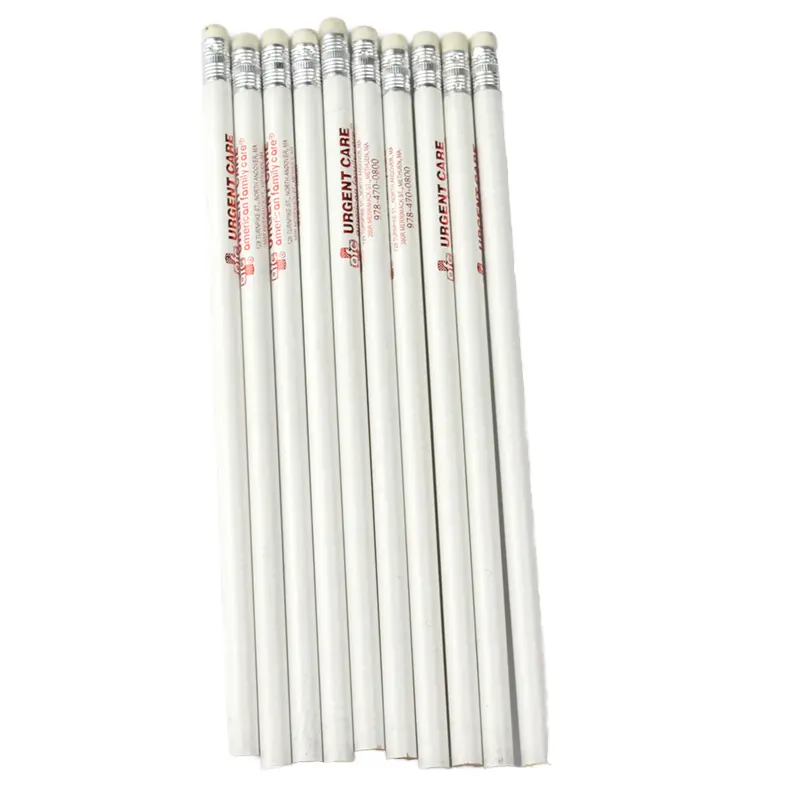 Упаковка черный свинцовый белый деревянный стержень карандаш металлический белый резиновый наконечник школьный карандаш индивидуальный логотип OEM свободный деревянный HSWP-088