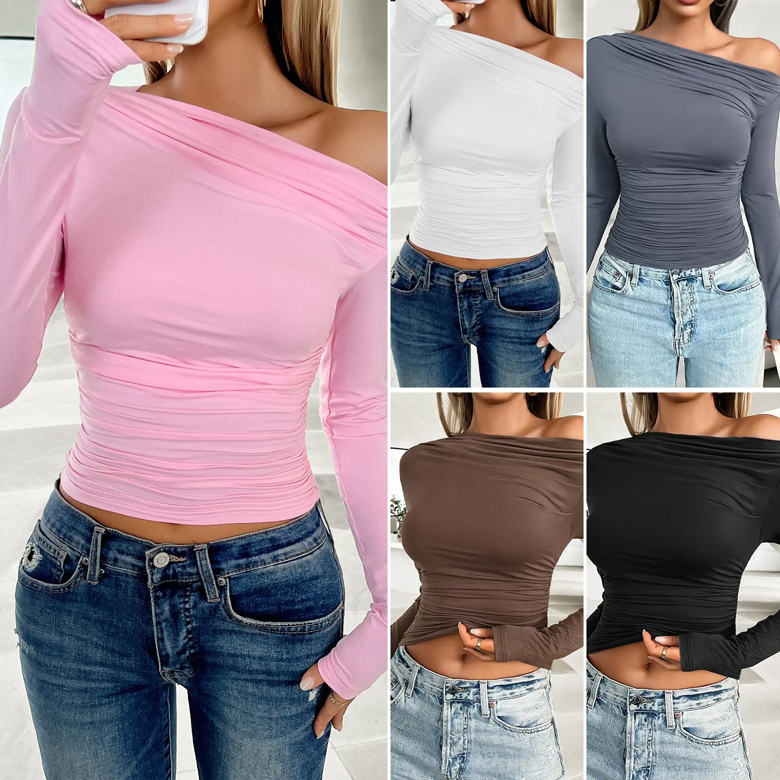Custom Solid Color Sexy Off Shoulder Asymmetrical Tops Ruched Long Sleeve Boat Neck Cropped Y2K T Shirts