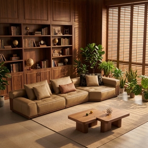 Conjunto Modular Seccional de 3 Plazas en Cuero Ecológico Beige de Grano Completo, Estilo Minimalista Premium, con Reposabrazos Anchos de Madera Tejida - Product Image 1