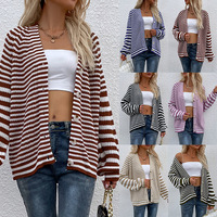 Cardigan en tricot personnalisé pour femme, col en V, manches ballon, boutons sur le devant, rayé, coloré, décontracté et tendance