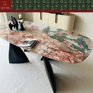 Table à manger ovale en marbre rose GOLDKING Quatre Saisons avec base en métal noir mat à trois cônes pour maison moderne OEM ODM Direct - Product Image 4