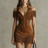 Nouvelle Robe Bohème Rétro en Daim à Franges et Épaules Dénudées Style Western Chic avec Taille Cintrée et Mini-Jupe pour l'Automne 2026