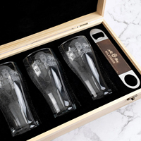 Verres à eau, jus et bière personnalisés avec logo, ouvre-bouteille inclus, dans un coffret cadeau en bois pour anniversaire, mariage ou fête