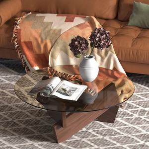 Table basse ronde moderne pour salon, table basse en bois massif avec plateau en verre noir, petite table basse - Product Image 3